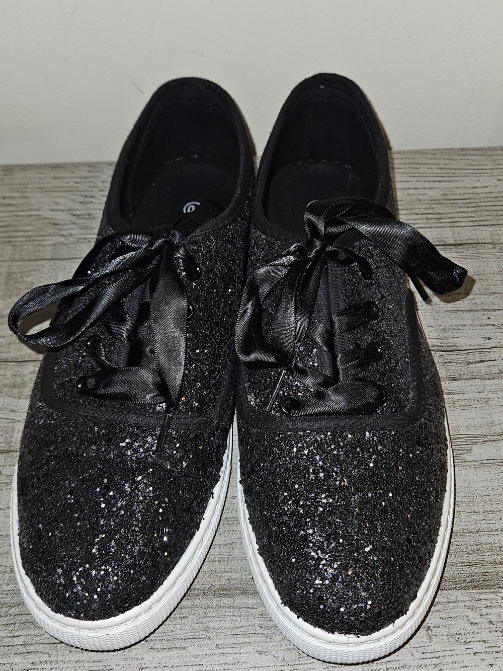 Women's Black Glitter Lace-Up Sneakers with Satin Ribbon Laces